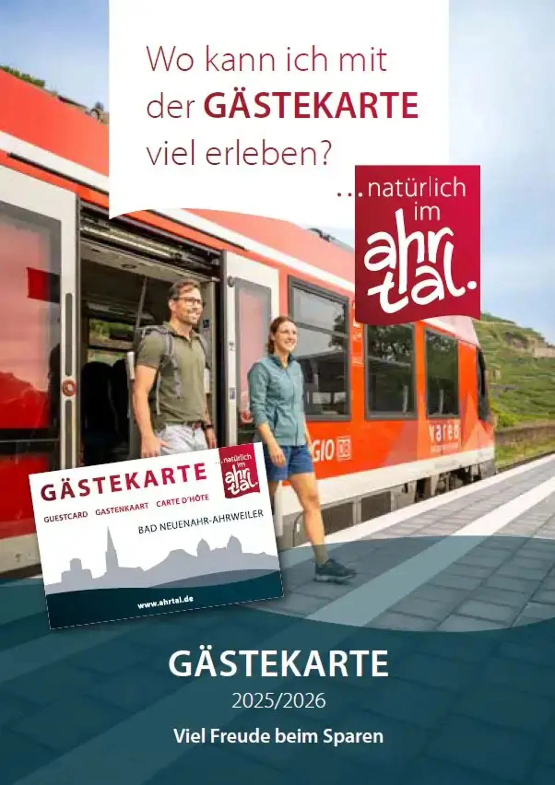 Gästekarte Bad Neuenahr-Ahrweiler 2025/2026 – Paar steigt aus roter Bahn im Ahrtal